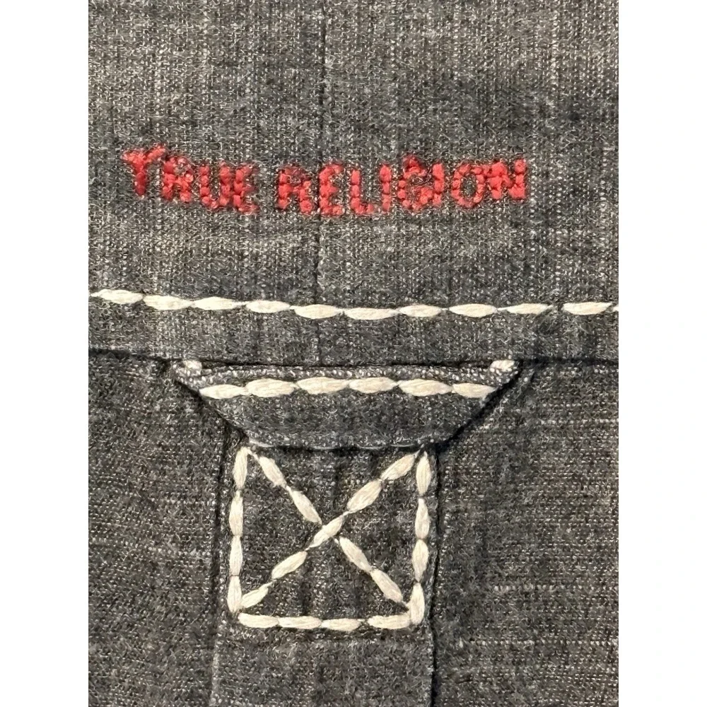 True Religion Mens 2XL Gray Chambray Contrast Stitch Button Up Long Sleeve Shirt